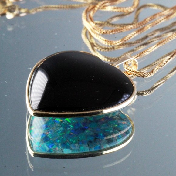 Massive 14k Gold Opal Triplet Onyx Heart Valentine Necklace - Picture 14 of 15
